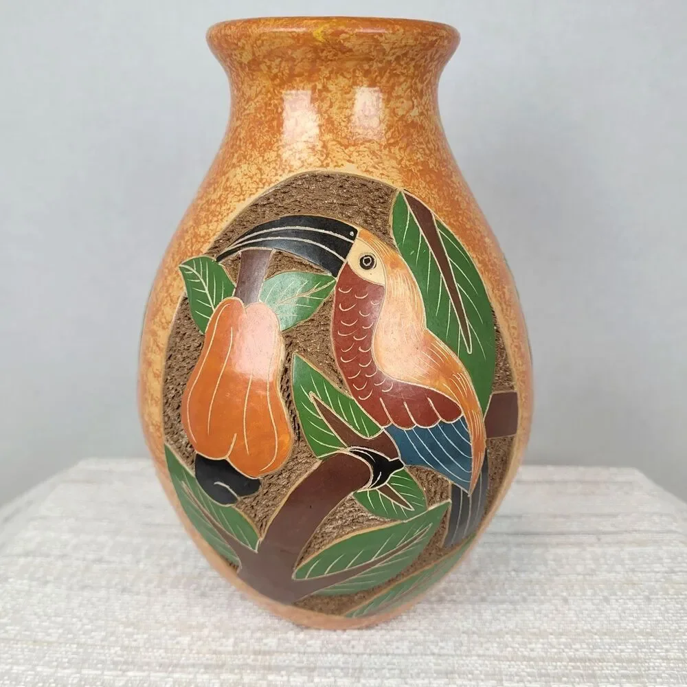 Costa Rica Folk Art Pottery Vase Hand Painted Carved Toucans & Parrots Pair 7